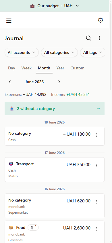 Mobile journal: operations as cards by date and the Inbox