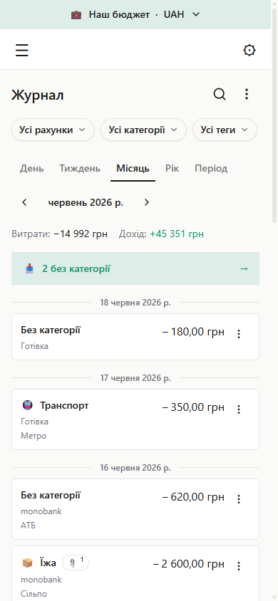 Мобільний Журнал: операції картками за датами та «Вхідні»